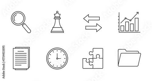 Eight black outline vector icons depicting a magnifying glass, chess piece, arrows, bar chart, documents, clock, puzzle pieces, and folder.