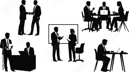 Business meeting teamwork discussion in modern office, corporate collaboration, professional communication, leadership training, strategy planning, partnership success concept illustration