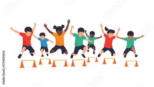 Kids Jumping Over Hurdles: A group of energetic children, diverse in background, leaping with joy over miniature hurdles, embodying energy and sportsmanship.