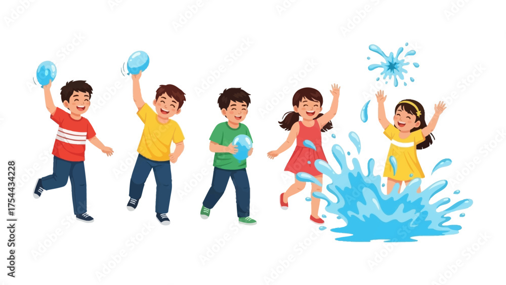 Fototapeta premium Fun in the Water: A group of children is in the midst of a playful water balloon fight, with a splash of water, laughter, and joy filling the air. 