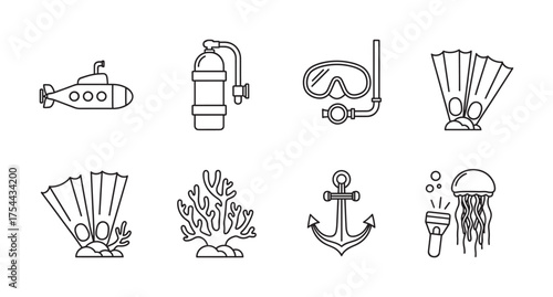 Black outline icons of submarine, fire extinguisher, snorkeling gear, flippers, coral, anchor, jellyfish, and marine life elements in a minimalist style.