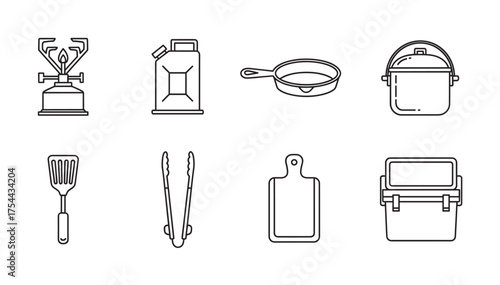 Black outline icons of camping kitchen equipment, featuring a stove, canister, pan, pot, spatula, tongs, cutting board, and cooler.