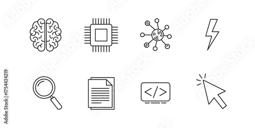 Eight black outline icons, featuring a brain, microchip, network, lightning bolt, magnifying glass, document, coding symbol, and a computer mouse pointer.