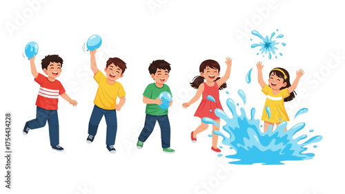 Fun in the Water: A group of children is in the midst of a playful water balloon fight, with a splash of water, laughter, and joy filling the air. 