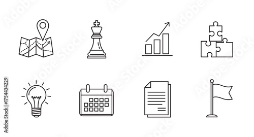 Set of black outline icons including a map marker on a map, chess king, rising graph, puzzle pieces, lightbulb, calendar, documents, and a flag.