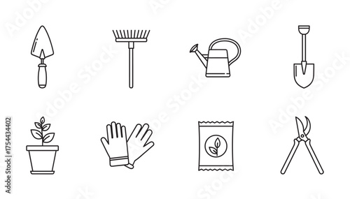 Black outline icons of various gardening tools including a trowel, rake, watering can, shovel, potted plant, gloves, seed packet, and pruning shears.