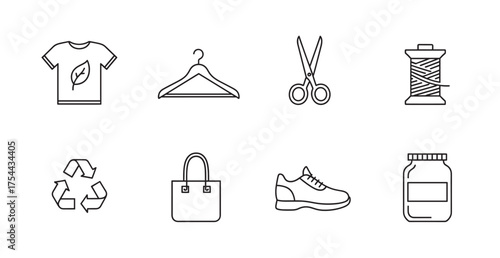 Black outline icons representing a t-shirt with a leaf, clothing hanger, scissors, thread spool, recycling symbol, tote bag, sneaker, and jar, separated by a line.