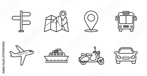 A collection of black outline icons representing various modes of transportation and navigation, including a signpost, map, location pin, bus, plane, ship, scooter, and car.