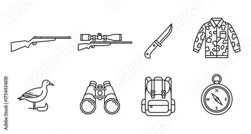 Black outline icons depicting a hunting rifle, sniper scope, hunting knife, camouflage jacket, standing bird, binoculars, backpack, and compass on a white background.