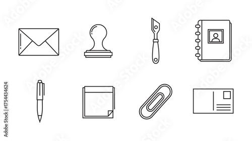 Black outline vector icons of various office stationery items including an envelope, rubber stamp, and pen, displayed in a grid layout on a white background.