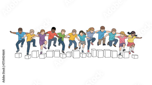 Children Crossing Blocks Together: A diverse group of children collaborate, stepping and balancing as they cross a series of blocks, their hands interlocked, showing unity and cooperation.