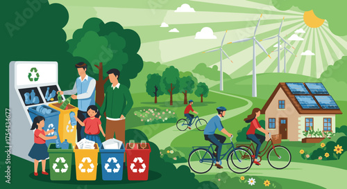 Sustainable Green City with Renewable Energy and Electric Car – Eco Friendly Future Vector Illustration