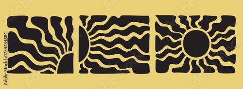 set retro rectangular elements and form sun. The black silhouette sun, placed in a rectangular shape, is ornate, positive, and bright. Sun poster 70s design