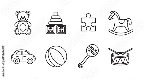 Black outline vector icons of various children's toys, including a bear, ring stack, puzzle piece, rocking horse, car, ball, rattle, and drum.