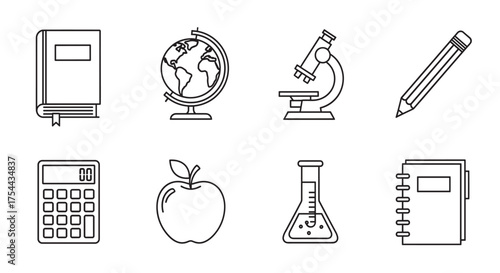 Black outline icons of educational objects including a book, globe, microscope, pencil, calculator, apple, flask, and notebook.