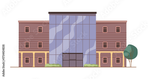 Business center or bank building, isolated structure with exterior decoration. Vector modern construction with glass windows for offices or premises, development and real estate investment