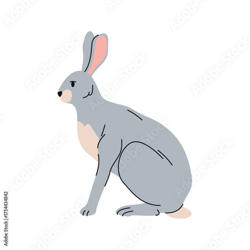 Rabbit or bunny portrait, personage with furry coat sitting. Vector isolated animal character with small tail, creature with grey fut. Wild hare from woodland or forest, mammal with fluffy hair