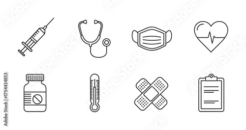 Black outline icons of medical tools including a syringe, stethoscope, face mask, heart with pulse, pill bottle, thermometer, adhesive bandages, and clipboard.