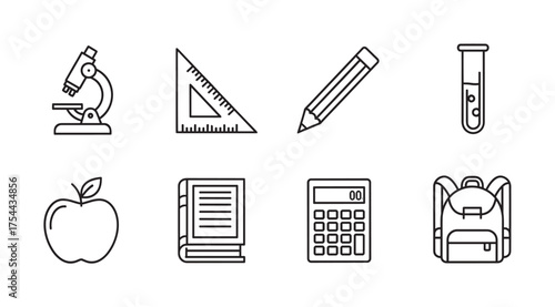 Black outline icons depicting a microscope, triangular ruler, pencil, test tube, apple, book, calculator, and backpack, representing educational themes.