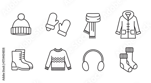 Black outline icons of winter clothing including a hat, mittens, scarf, coat, boots, sweater, earmuffs, and socks, arranged in two rows.