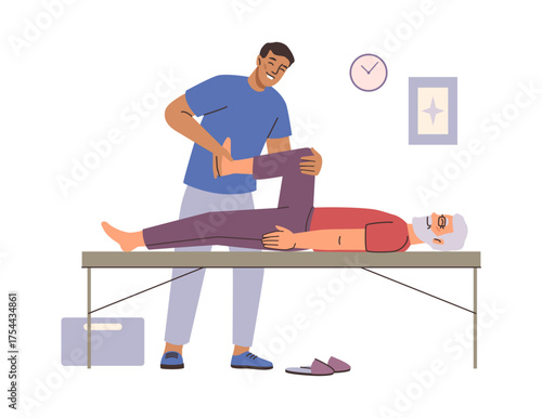 Senior patient massage and physiotherapy help for recovery and giving back mobility. Vector isolated flat, therapist or nurse taking care of muscles and joints, specialist doctor in hospital