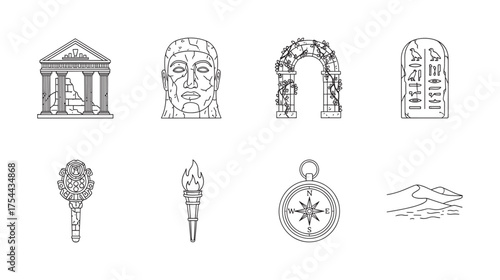 Eight black outline icons depicting ancient architecture, including a temple, statue, stone arch, tablet with hieroglyphs, ceremonial staff, torch, compass, and sand dunes.