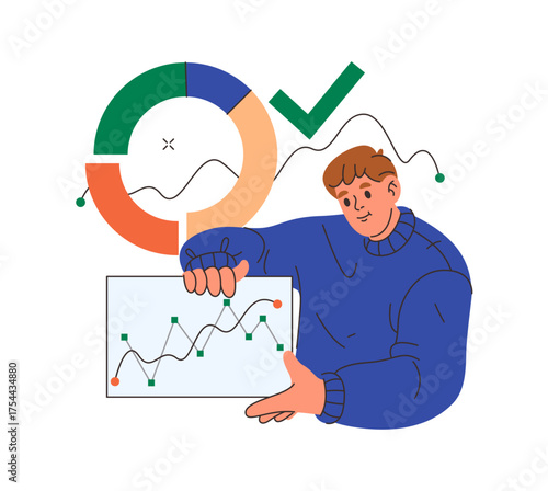 Businessman or entrepreneur showing chart with ups and down. Vector in flat style, financial and investment strategies. Money revenue and analysis of economy. Data on stock market and trading