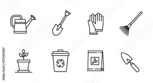 Black outline icons of gardening tools and supplies, including a watering can, shovel, gloves, rake, potted plant, compost bin, seed packet, and trowel.