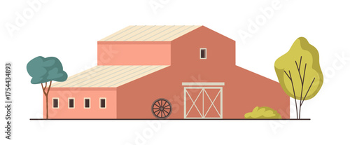 Large barn for industry and agriculture with trees. Vector isolated rustic farmhouse with windows for hay and crops, feed and machinery. Brick stable, livestock shelter and equipment storage