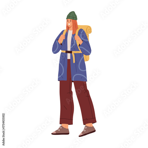Teenage girl with bag, traveling female personage wearing warm clothes. Vector isolated traveler, woman going on vacation or trip. Passenger or commuter to work. Lady with backpack, backpacker