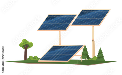 Solar panels generating power plant. Vector isolated modern technologies and renewable energy. Sustainable and ecological ways of gaining electricity. Powerhouse generator of resources