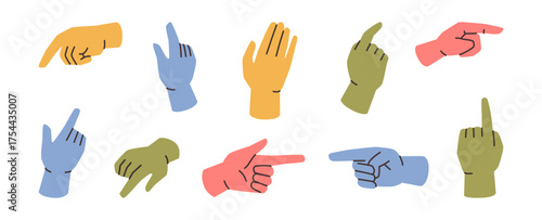 Choosing or pointing, isolated index finger hand gesture set. Vector non verbal communication, language of signs. Choice or showing direction, command or instruction, greeting or asking question