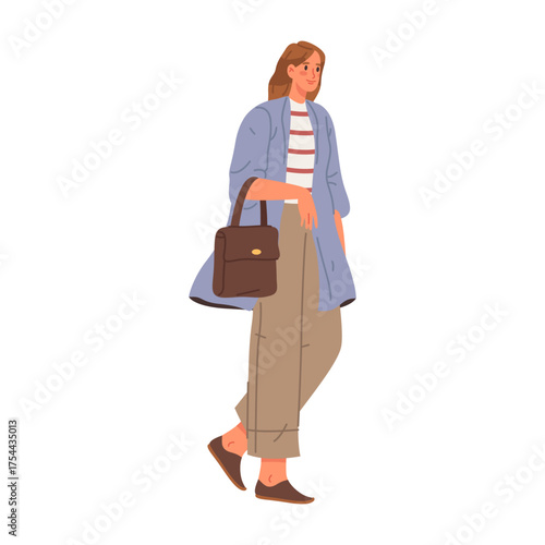 Walking elegant female personage stylishly dressed with bag. Vector isolated fashionable and modern lady strolling for fun. Moving business woman, motion and posing smiling and slowly stepping