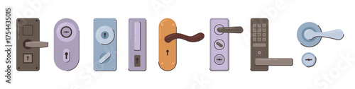Simple and elegant design of door knobs and handles, isolated tool. Vector interior design elements and details. Knob for closing or opening, pulling or pushing. Doorway or entrance instruments