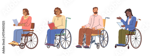 Disability and inability to walk, isolated male and female characters on wheelchairs reading books. Women and man in chairs, patients of hospital or clinics, rehabilitation and treatment