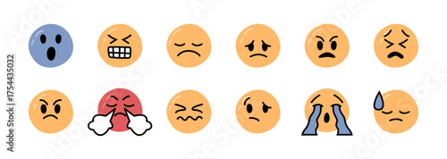 Negative emotions collection. Vector isolated angry and pouting, pensive and loudly crying, disappointed and weary, confounded and downcast faces icons. Anger, sadness and frustration