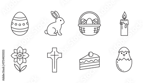 Black outline vector icons of easter theme including an egg, bunny, basket, candle, flower, cross, cake slice, and chick in an egg.