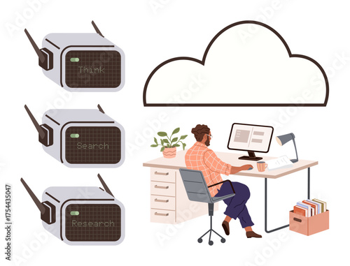 Worker seated at desk using a computer, surrounded by abstract devices labeled Think, Search, Research, with a cloud symbol. Ideal for innovation, productivity, research, brainstorming cloud