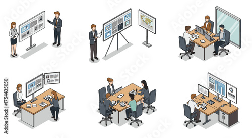 Isometric study essentials: books, computer, and stationery