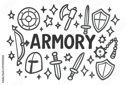 Doodle Armory Art. Doodle armory with stars, shields, and sparkles, center word “Armory” in black and white isolated transparent