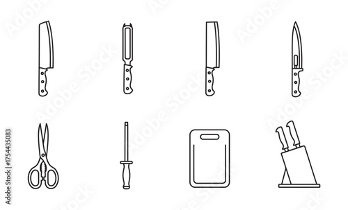 Black outline vector icons of various kitchen tools including knives, scissors, peeler, sharpening rod, cutting board, and knife block on a white background.
