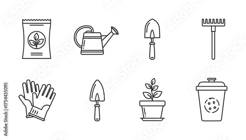 Black outline icons of gardening tools and accessories, including watering can, gloves, trowel, rake, seed packet, plant pot, and compost bin.
