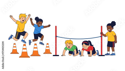 Playful Obstacle Course: A vibrant illustration depicts children engaged in a lively obstacle course, filled with excitement and youthful energy.