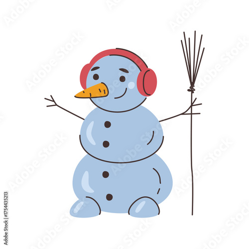 Christmas character wearing warm clothes, holding broomstick. Vector in flat style, xmas personage, sticker or emoticon with hands branches and carrot nose. Winter seasonal fun and festivity