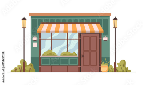 Traditional shop exterior design. Vector in flat style, isolated store with canopy and street lanterns. Industrial unit in city or town. Building facade architecture with plants in pots and bushes