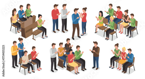 Cozy isometric interior with stylish wardrobe and living room decor