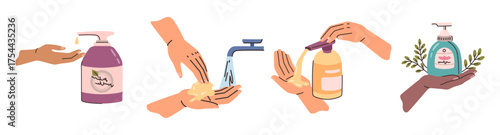 Hands holding pump bottle with cleanser, handwashing with liquid soap. Vector isolated washing agents with antibacterial and moisturizing properties. Hygiene and healthy habits cosmetology set