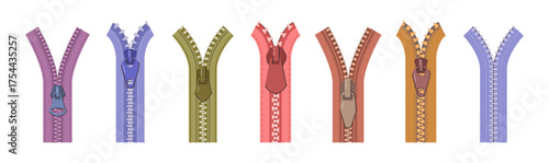 Zippers and pullers on piece of fabric, clothes design and tailoring. Vector in flat style, isolated set of simple metal or plastic accessories for fastening clothing together. Garment decoration