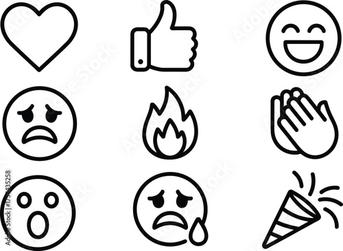 Emoji icon collection showing heart, smile, cry, fire, clap, sad, shock, and celebration symbols, vector line style illustration