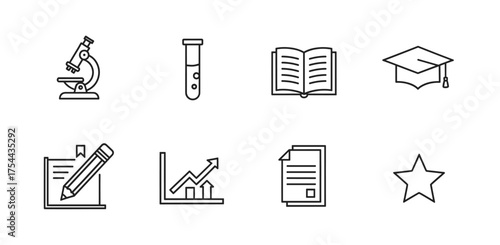 Simple black outline icons representing a microscope, test tube, open book, graduation cap, notes with pencil, growth chart, document, and star.